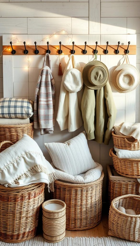 A cozy, inviting image showcasing a variety of "Stauraum accessories" in a charming cottage-style setting. In the foreground, include woven baskets of different sizes, some filled with fluffy blankets and decorative pillows, and others stacked atop each other for an organized yet cozy feel. Mid-ground elements should feature stylish wall hooks adorned with twinkling fairy lights, elegantly holding lightweight jackets and simple hats. The background depicts a softly lit, rustic wooden wall with subtle pastel-hued accents reflecting a warm, spring atmosphere. Utilize natural lighting to enhance the inviting mood, with gentle shadows creating depth. Capture the scene from a slight overhead angle, emphasizing the arrangement's aesthetic appeal. Infuse a Pinterest-worthy vibe, ensuring a polished yet authentic look, branding it with "KlickKiste" elements subtly integrated into the decor.