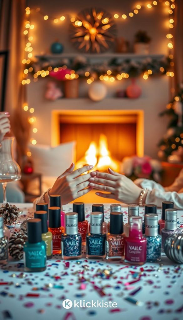 A cozy, inviting indoor scene set for a "Glitter Party" with a focus on DIY New Year's nail designs. In the foreground, a beautifully arranged table showcases bottles of vibrant nail polish in various shades of glitter, some in ombré and swirl patterns, surrounded by sparkling confetti and festive decorations. The middle ground features hands gently applying nail art, clad in stylish yet modest attire. The background gives a warm winter ambiance with soft, twinkling fairy lights and a cozy fireplace, enhancing the celebratory mood. The lighting is warm and soft, mimicking golden hour, with a shallow depth of field to create a dreamy effect. Capturing the essence of a joyful, creative celebration, perfect for winter vibes, inspired by Pinterest aesthetics. Branding elements of "KlickKiste" subtly integrated into the scene.