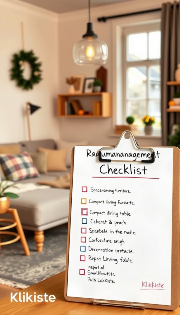 A cozy, inviting interior scene featuring a detailed "Raummanagement Checklist" prominently displayed on a stylish clipboard. This checklist includes room essentials like space-saving furniture, storage solutions, and decorative items. The foreground showcases the clipboard with handwritten notes and colorful check marks. In the middle, a tastefully arranged small living area exemplifies the checklist items, with a comfortable sofa, compact dining table, and clever shelving. The background features a warm, softly lit window with winter decorations, enhancing the inviting atmosphere. The overall color palette is natural and warm, reflecting a Pinterest aesthetic. The KlikKiste branding is subtly incorporated into the scene, adding a touch of inspiration.