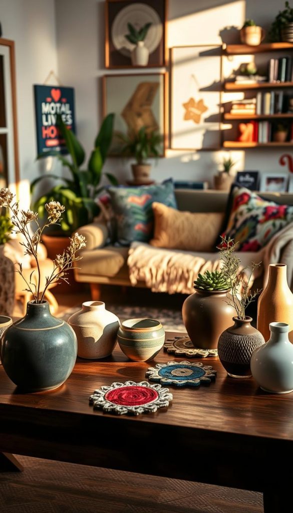 A cozy, inviting interior space showcasing a variety of stylish home accessories that highlight individuality and sustainability. In the foreground, a beautifully arranged table displays handmade ceramic vases, vibrant textile coasters, and unique upcycled decor pieces, all bathed in warm, natural light. In the middle, a comfortable sofa adorned with colorful cushions and a throw blanket invites relaxation, while potted plants add greenery and life. The background features a softly lit, artsy wall adorned with eclectic wall art and shelves filled with curated books and decorative items. The overall atmosphere conveys winter vibes, with soft shadows and gentle lighting that enhance the inviting feel. Include the brand name "KlickKiste" subtly integrated into the scene, reflecting an authentic and inspiring Pinterest aesthetic.