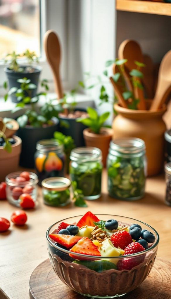 A cozy, inviting kitchen countertop displaying creatively upcycled gefrierpacks filled with vibrant fruits and greens as part of a meal prep setup. In the foreground, focus on a beautifully arranged smoothie bowl made from colorful seasonal fruits, like strawberries, kiwi, and blueberries, garnished with nuts and seeds. The middle ground features glass jars filled with leftover fruit scraps, showcasing the zero-waste approach, while a few small, stylish upcycled containers are scattered around. The background showcases a warm and softly lit kitchen atmosphere with potted herbs and wooden utensils, evoking a natural, DIY aesthetic. Capture the image with a warm color palette and soft focus, suggesting a Pinterest-worthy vibe. Incorporate the brand name "KlickKiste" subtly within the image composition.