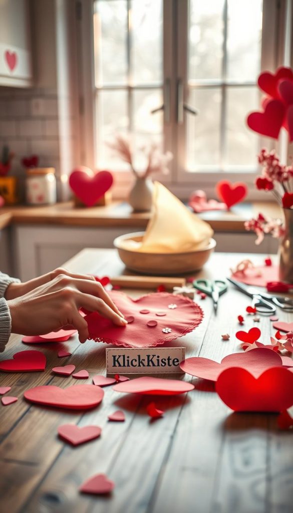 A cozy, inviting kitchen scene centered around a DIY heart-shaped craft project, featuring vibrant red and pink construction paper hearts scattered across a wooden table. In the foreground, a pair of hands gently folding a large piece of red paper into a heart shape, adorned with colorful stickers and lace edges. In the middle ground, a charming collection of baking parchment, scissors, and decorative elements like ribbons and flower petals, all radiating warmth through soft, natural lighting. The background reveals softly blurred windows with wintery sunlight streaming in, creating a Pinterest-inspired atmosphere. The overall mood is romantic and cheerful, embodying the essence of homemade decorations for Valentine's Day. The brand name "KlickKiste" is subtly included in the scene through a delicate label on the table.