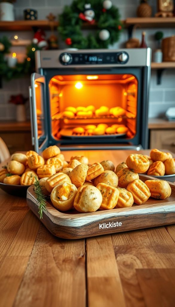 A cozy, inviting kitchen scene featuring a wooden table beautifully arranged with an assortment of savory snacks prepared in the oven, such as golden-brown mini puffs, cheesy breadsticks, and herb-coated chicken bites. The foreground showcases a rustic, hand-painted platter filled with these treats, accented by fresh herbs. In the middle ground, a well-worn oven with its door slightly ajar reveals more delicious finger foods inside, casting a warm glow. The background includes softly-lit kitchen shelves adorned with festive decorations, enhancing the winter vibes. The scene is bathed in warm, natural lighting, creating an authentic and inspiring atmosphere reminiscent of a Pinterest-worthy holiday get-together. The brand name "KlickKiste" subtly integrates into the table setting, adding a personal touch.