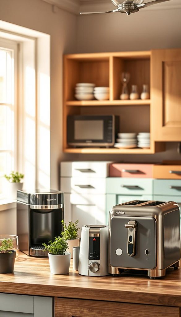A cozy, inviting kitchen scene featuring various kitchen appliances and cabinet fronts from the brand "KlickKiste." In the foreground, showcase modern, sleek appliances like a compact coffee maker and a stylish toaster, arranged neatly on a wooden countertop adorned with fresh herbs in small pots. In the middle ground, display a set of colorful cabinet fronts, highlighting diverse materials and finishes, such as matte pastels and natural wood textures. The background features softly lit open shelving with neatly organized kitchenware, creating a sense of order. Warm, natural lighting filters through a window, casting soft shadows, enhancing the cozy atmosphere. The overall mood is inspiring and practical, perfect for organizing a small kitchen with style.