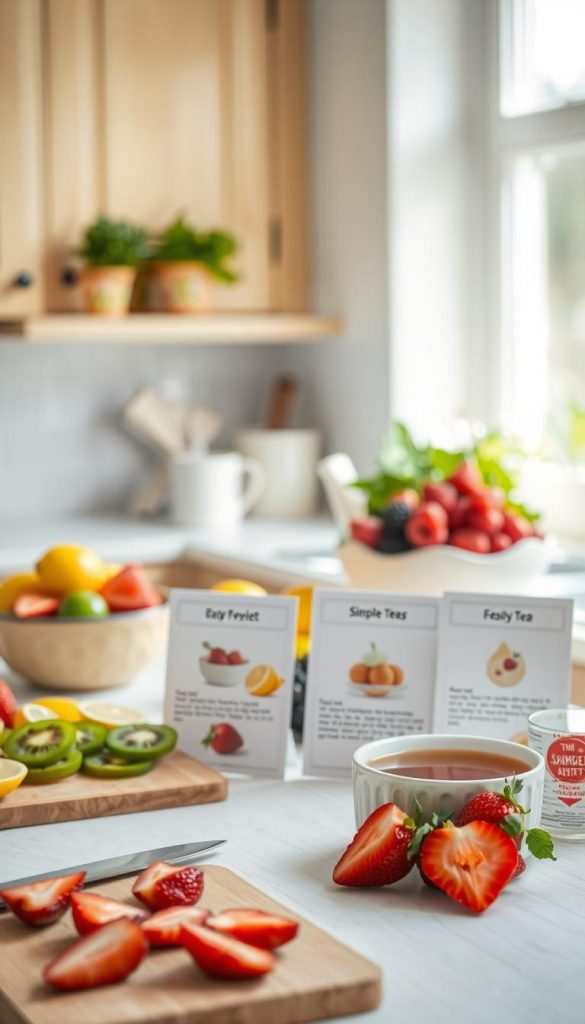 A cozy, inviting kitchen scene filled with natural light, featuring an organized workspace with fresh fruits and simple dessert-making tools. In the foreground, a cutting board holds colorful slices of strawberries, kiwis, and lemons, while a vibrant bowl of mixed berries sits beside a steaming cup of herbal tea. The middle ground showcases a neat display of easy-to-follow recipe cards, each with a fresh fruit-based dessert idea illustrated. The background reveals softly blurred kitchen cabinets and potted herbs on the window sill, enhancing the warm atmosphere. The overall mood is serene and inspirational, embodying a Pinterest-worthy aesthetic. This image represents "KlickKiste" and its focus on time-saving tips for everyday spring desserts.