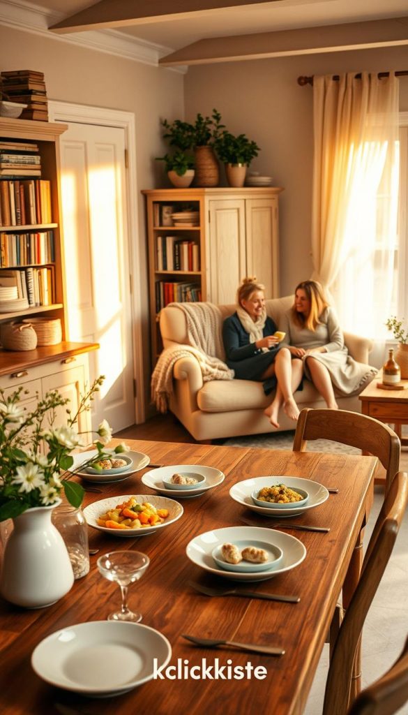 A cozy, inviting kitchen scene that epitomizes the concept of hygge in spring. In the foreground, a rustic wooden table is set with a delightful assortment of pastel-colored plates filled with seasonal dishes, surrounded by elegant cutlery. Fresh flowers in a simple vase add a touch of natural beauty. In the middle, a well-worn bookshelf is filled with a variety of books, while a soft armchair draped with a knitted blanket invites relaxation. In the background, warm golden light filters through a window adorned with sheer curtains, illuminating the space with a soft glow. A couple of friends in modest casual clothing are seen enjoying a film night, seated on comfortable cushions with laughter in the air. The overall atmosphere is serene and heartwarming, embodying a lifestyle that encourages togetherness and tranquility. A subtle branding element for "KlickKiste" is included in the decor. A cozy, inviting kitchen scene that epitomizes the concept of hygge in spring. In the foreground, a rustic wooden table is set with a delightful assortment of pastel-colored plates filled with seasonal dishes, surrounded by elegant cutlery. Fresh flowers in a simple vase add a touch of natural beauty. In the middle, a well-worn bookshelf is filled with a variety of books, while a soft armchair draped with a knitted blanket invites relaxation. In the background, warm golden light filters through a window adorned with sheer curtains, illuminating the space with a soft glow. A couple of friends in modest casual clothing are seen enjoying a film night, seated on comfortable cushions with laughter in the air. The overall atmosphere is serene and heartwarming, embodying a lifestyle that encourages togetherness and tranquility. A subtle branding element for "KlickKiste" is included in the decor.