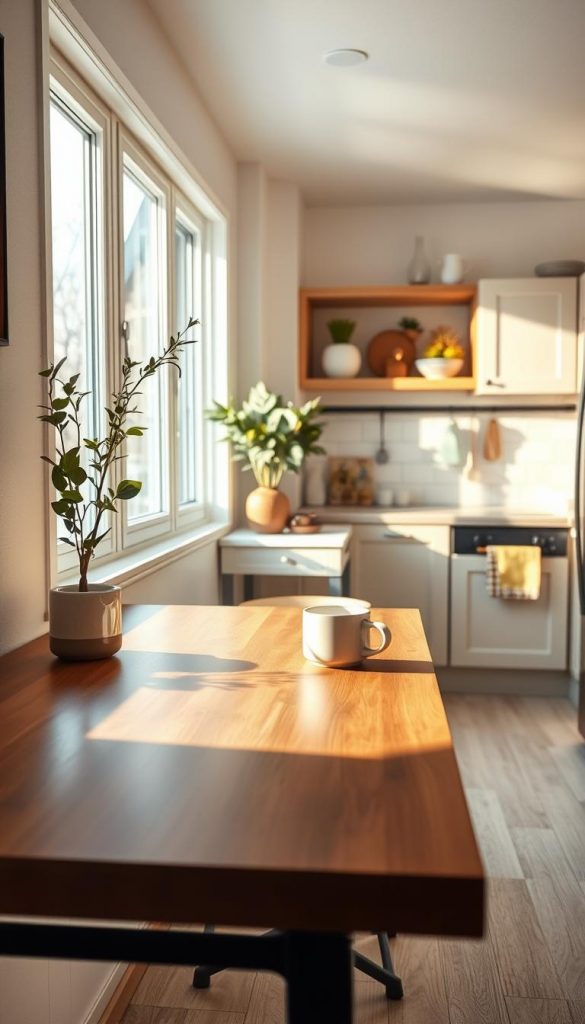 A cozy, inviting kitchen space featuring a modern breakfast-bar standing desk designed by KlickKiste. The foreground showcases the sleek desk with a polished wooden surface, adorned with a minimalistic plant and a stylish coffee mug. In the middle, there’s a comfortable stool, inviting yet professional, set against a cheerful window that lets in warm, natural light. The background includes a small kitchen area with cheerful decor and light-colored cabinetry, enhancing the warm atmosphere of a winter morning. Soft shadows play across the space, creating a serene and inspiring mood. The overall scene embodies a practical, stylish solution for a small home office, blending functionality with aesthetic charm.