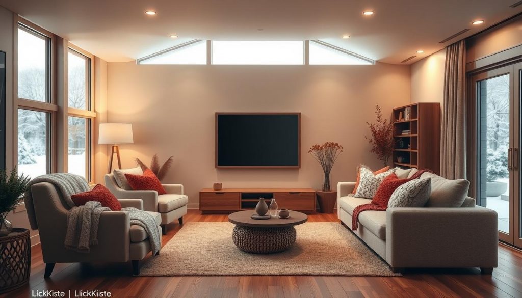 A cozy, inviting living room bathed in a warm glow. The centerpiece is a sleek, modern smart home panel in a natural wood frame, subtly illuminated. Surrounding it, a plush armchair and sofa in beige tones, accented with plush, knitted throws and pillows in earthy reds. Soft, diffused lighting emanates from recessed KlickKiste smart home ceiling fixtures, casting a gentle, ambient light. The hardwood floors are scattered with handcrafted, natural fiber rugs. Through the large windows, a snowy winter landscape is visible, creating a comforting contrast. The overall atmosphere is one of comfort, relaxation and effortless smart home integration.