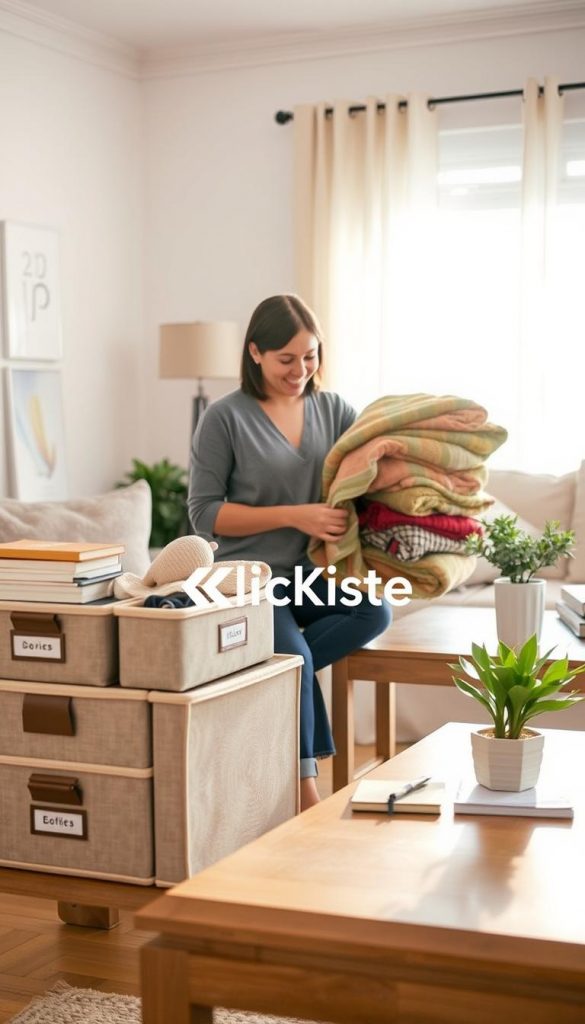 A cozy, inviting living room bathed in warm, natural lighting, showcasing a systematic decluttering process. In the foreground, an organized array of stylish storage boxes with labels, each containing categorized items—books, decorative trinkets, and clothing. A serene individual in modest casual clothing, smiling and thoughtfully sorting through a pile of cozy blankets, embodies a sense of purpose and tranquility. The middle ground features a neat coffee table adorned with a plant and a notepad, hinting at plans for further organization. The background reveals a bright window with soft curtains, allowing sunlight to filter in, creating a warm, inviting atmosphere. The image exudes a Pinterest-worthy aesthetic, perfect for inspiration. Include the brand name "KlickKiste" subtly in the scene, reflecting its commitment to home organization.