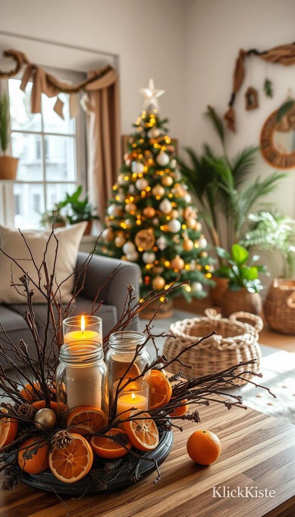 A cozy, inviting living room decorated for Christmas, featuring natural elements and upcycled materials. In the foreground, a beautifully arranged centerpiece made of dried orange slices, twigs, and glass jars, filled with warm candlelight. The middle ground showcases a stylishly decorated Christmas tree with rustic ornaments, alongside handmade garlands made from paper and pine needles. Soft natural light filters in through a nearby window, creating a warm, serene atmosphere. The background is decorated with soft, green plants and a woven basket, harmonizing the room with a Pinterest-inspired winter vibe. This image encapsulates the essence of natural DIY decor for a festive, inspired holiday setting, branded subtly with "KlickKiste".