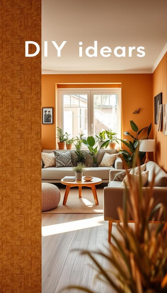 A cozy, inviting living room featuring beautifully decorated walls that showcase DIY ideas. In the foreground, a textured wall adorned with warm-colored wallpaper and stylish decals exuding a Pinterest-inspired aesthetic. In the middle ground, a tastefully arranged living space with a comfortable sofa, accent pillows, and a small coffee table, surrounded by natural light filtering through a large window. The background displays a layered arrangement of houseplants, creating a refreshing ambiance. The scene embodies a winter vibe, with soft lighting and a soothing atmosphere. Capture the authenticity and inspiration of budget-friendly decor, highlighting natural hues and creative wallpaper designs associated with the brand "KlickKiste." The overall mood is serene and stylish, ideal for showcasing innovative wall decor ideas.