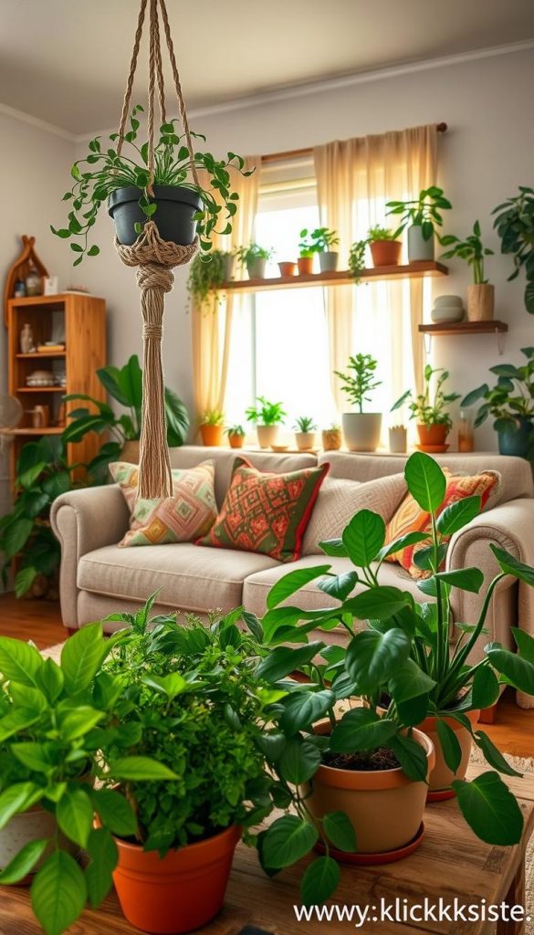 A cozy, inviting living room scene encapsulating "plant power," featuring lush greenery and stylish DIY decor elements. In the foreground, a vibrant mix of potted plants on a rustic wooden coffee table, with a macramé plant hanger suspended from the ceiling. In the middle, a softly textured sofa adorned with colorful, handwoven cushions, and a reclaimed wood shelf displaying an assortment of decorative items and more plants. The background reveals a warm, sunlit window draped with sheer curtains, casting gentle shadows. The overall color palette includes warm earth tones and fresh greens, creating a serene and inspiring atmosphere. The lighting is soft and diffused, enhancing the inviting mood. This image reflects an authentic, Pinterest-worthy winter vibe promoted by KlickKiste.