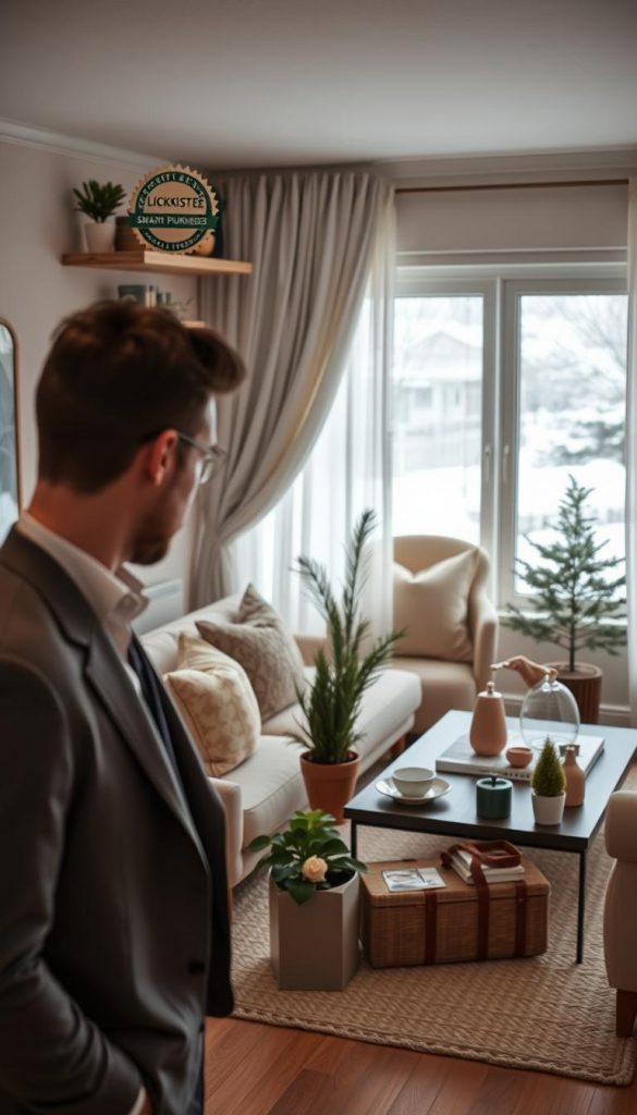 A cozy, inviting living room scene in a stylish home, featuring a prominent shelf displaying a "KlickKiste" badge symbolizing smart purchasing for small businesses. In the foreground, a well-dressed individual, wearing professional attire, examines the badge with interest. The middle area contains elegantly arranged home decor items, including trendy furniture, plants, and decorative accents that evoke a warm, winter vibe. Soft, natural lighting floods the room, highlighting the textures and colors of the furnishings. In the background, a window with soft curtains lets in a glimpse of a chilly winter landscape, enhancing the atmosphere. The overall mood is inspirational and authentic, perfect for DIY enthusiasts, with a Pinterest-worthy aesthetic that emphasizes quality and thoughtfulness in home buying.