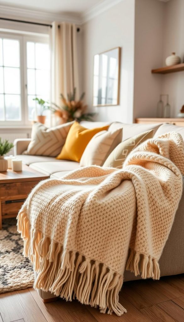 A cozy, inviting living room scene showcasing a beautifully styled sofa throw. In the foreground, a plush, textured throw blanket is draped elegantly over a luxurious, modern sofa, featuring soft, warm colors like creamy beige and muted mustard. In the middle, accent pillows with geometric patterns complement the throw, inviting comfort and warmth. The background reveals a softly lit room with a large window, allowing natural light to stream in, enhancing the winter vibes. A rustic wooden coffee table is adorned with a few small decorative items, like candles and a potted plant, enhancing the Pinterest aesthetic. Capture the essence of the brand &quot;KlickKiste&quot; through this natural, DIY image, creating an authentic and inspiring atmosphere throughout the setting.