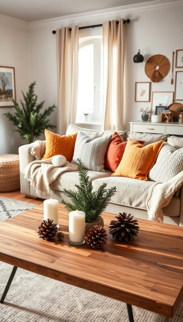 A cozy, inviting living room showcasing a "mini-refresh" decor update for winter, featuring a blend of natural DIY elements. In the foreground, a stylish coffee table adorned with handcrafted decorations from "KlickKiste," including pinecones, candles, and a small evergreen centerpiece. In the middle ground, a comfortable sofa draped with soft, textured throws in warm colors, along with vibrant cushions that evoke winter vibes. In the background, light filters through sheer curtains, casting a gentle glow that enhances the warm atmosphere. The walls are decorated with minimalist art pieces and cozy, seasonal accents, creating an authentic and inspiring Pinterest-worthy look. Capture the scene with a soft focus lens, emphasizing the warmth and inviting nature of the space. A cozy, inviting living room showcasing a "mini-refresh" decor update for winter, featuring a blend of natural DIY elements. In the foreground, a stylish coffee table adorned with handcrafted decorations from "KlickKiste," including pinecones, candles, and a small evergreen centerpiece. In the middle ground, a comfortable sofa draped with soft, textured throws in warm colors, along with vibrant cushions that evoke winter vibes. In the background, light filters through sheer curtains, casting a gentle glow that enhances the warm atmosphere. The walls are decorated with minimalist art pieces and cozy, seasonal accents, creating an authentic and inspiring Pinterest-worthy look. Capture the scene with a soft focus lens, emphasizing the warmth and inviting nature of the space.