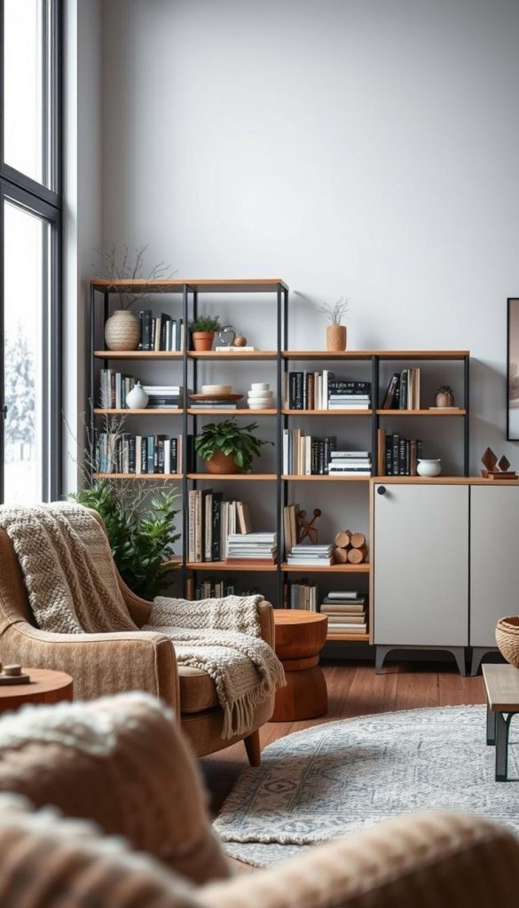 A cozy, inviting living room with a focus on warm textures and natural materials. In the foreground, a plush, inviting armchair with a knitted throw and a wooden side table. In the middle ground, a KlickKiste modular shelving unit filled with books, plants, and rustic decor, creating distinct zones for reading and conversation. The background features a large window framing a snowy winter landscape, casting a soft, natural light throughout the space. The overall mood is one of hygge, with an emphasis on creating a comfortable, intimate atmosphere perfect for relaxing and entertaining during the colder months.