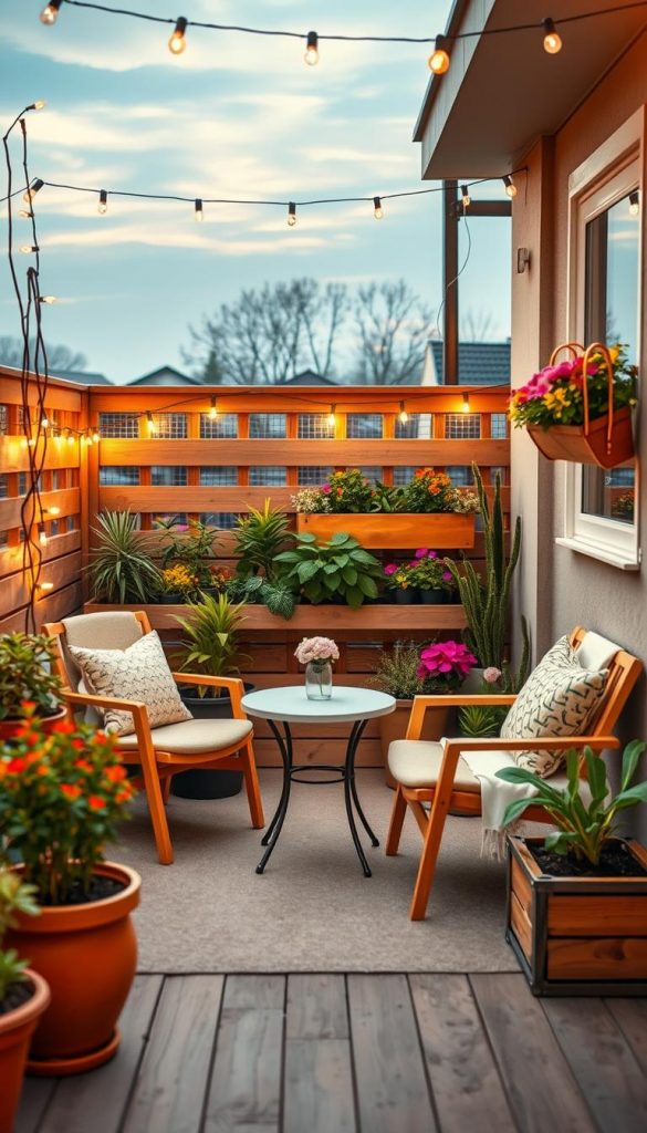 A cozy, inviting mini terrace layout designed for small spaces, featuring a charming seating area with two modest chairs and a small round table, surrounded by vibrant potted plants and a DIY herb garden. In the foreground, warm wooden accents along with soft textiles create a comfortable atmosphere. The middle ground includes stylish planter boxes filled with colorful flowers, while a backdrop of a gently lit evening sky enhances the mood with twinkling fairy lights strung around the terrace. This image embodies a Pinterest-inspired aesthetic, combining natural DIY elements with warm colors and winter vibes. It reflects an authentic and inspiring outdoor living space by KlickKiste, showcasing how to plan zones like indoors even in limited areas. The scene is captured from a slightly elevated angle, emphasizing both the layout and the cozy ambiance. A cozy, inviting mini terrace layout designed for small spaces, featuring a charming seating area with two modest chairs and a small round table, surrounded by vibrant potted plants and a DIY herb garden. In the foreground, warm wooden accents along with soft textiles create a comfortable atmosphere. The middle ground includes stylish planter boxes filled with colorful flowers, while a backdrop of a gently lit evening sky enhances the mood with twinkling fairy lights strung around the terrace. This image embodies a Pinterest-inspired aesthetic, combining natural DIY elements with warm colors and winter vibes. It reflects an authentic and inspiring outdoor living space by KlickKiste, showcasing how to plan zones like indoors even in limited areas. The scene is captured from a slightly elevated angle, emphasizing both the layout and the cozy ambiance.