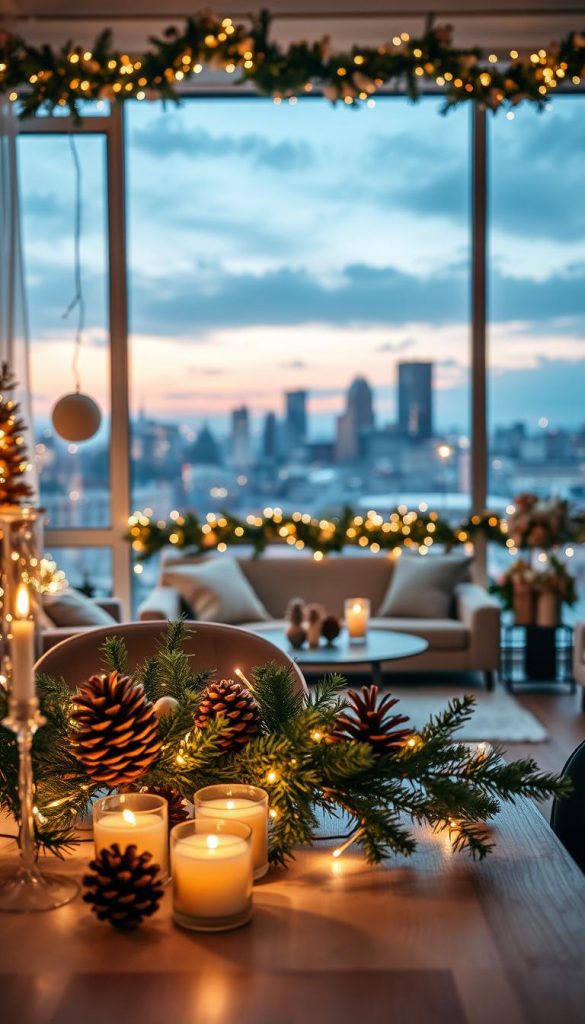 A cozy, inviting scene decorated for New Year's Eve, inspired by the vibrant city vibes of Berlin and Paris. In the foreground, a beautifully arranged dining table adorned with natural DIY decorations like pinecones, warm candlelight, and twinkling fairy lights. The middle ground features a stylish living area, with festive garlands and elegant winter floral arrangements, creating a Pinterest-worthy ambiance. In the background, a cityscape silhouette softly illuminated against a twilight sky, enhancing the celebratory mood. The image is bathed in warm colors, evoking a sense of comfort and inspiration, ideal for a last-minute New Year's celebration. Shot with a soft focus effect, mimicking the lens of a cozy home setting. Designed for KlickKiste, capturing an authentic winter vibe.