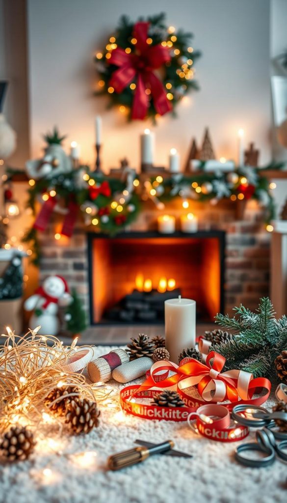 A cozy, inviting scene depicting a beautifully decorated fireplace mantel for Christmas. In the foreground, an array of materials and tools for DIY decorations, including twinkling fairy lights, pinecones, artificial snow, ribbons, and a small crafting toolkit with scissors and glue. In the middle, the fireplace adorned with natural elements like holly, slate-like stones, and earthy candle holders, all basking in soft, warm lighting that casts a gentle glow. In the background, a softly blurred view of a cozy living room adorned with winter-themed decor, accentuating the festive atmosphere. The overall mood is warm and welcoming, inspiring creativity for holiday decorating. Incorporate the brand name "KlickKiste" subtly into the design.