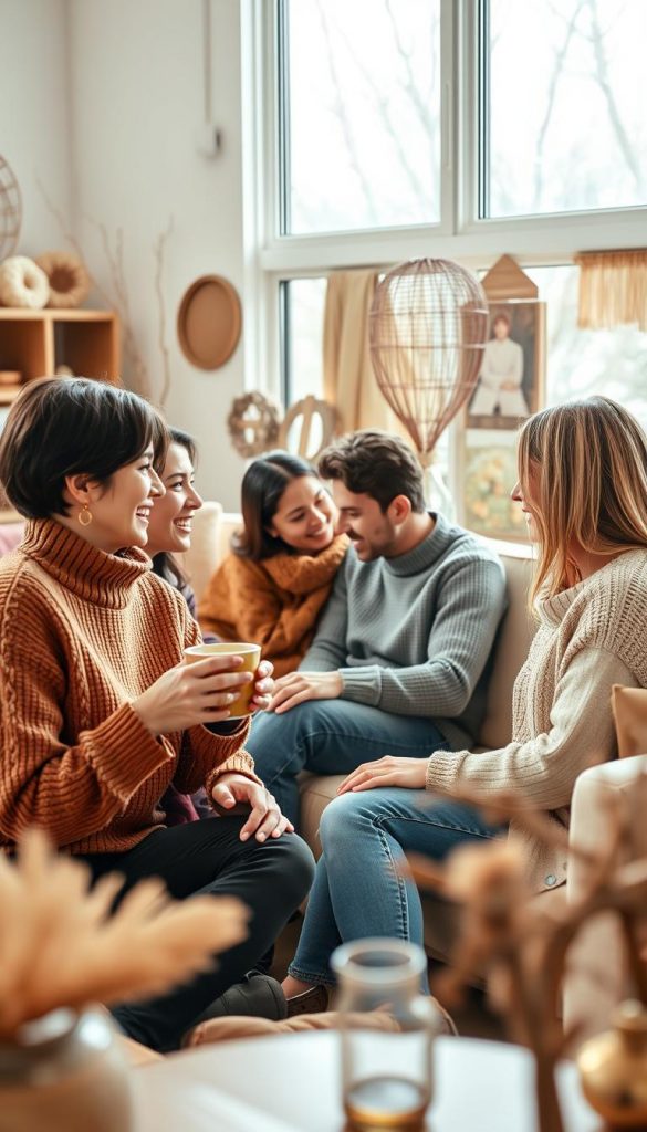 A cozy, inviting scene depicting a small group of diverse individuals engaged in a warm, genuine conversation in a beautifully decorated living room filled with natural light. In the foreground, two friends—one in a smart casual sweater and the other in business attire—share laughter while enjoying a cup of tea. In the middle ground, a couple sits together on a comfortable couch, leaning in closer with expressions of deep respect and connection. In the background, soft winter vibes are enhanced by a large window showing gentle snowfall, while warm, earthy colors and DIY decor create an inspiring atmosphere, reminiscent of a Pinterest aesthetic. The overall mood is nurturing and positive, inviting a sense of closeness and support. Photography with bright lighting, using a 50mm lens for a soft focus on the subjects. Include the brand name &quot;KlickKiste&quot; subtly in the decor elements.