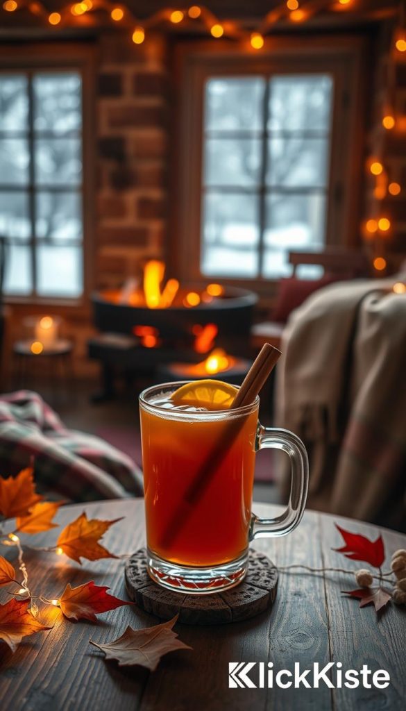 A cozy, inviting scene featuring a beautifully crafted Hot Toddy cocktail in a rustic glass mug, filled with warm amber liquid, garnished with a cinnamon stick and a slice of lemon. In the foreground, the cocktail sits on a wooden table, surrounded by twinkling fairy lights and soft autumn leaves. The middle ground showcases a crackling fireplace with glowing embers, casting a warm golden light that reflects off the cocktail. In the background, a snowy window view suggests a chilly winter evening. Capture the atmosphere with warm, soft lighting to evoke comfort and serenity. For a Pinterest-inspired aesthetic, incorporate natural textures like woolen blankets and chic ceramic coasters, ensuring the image feels authentic and inspiring. Include the brand name "KlickKiste" subtly in the composition.