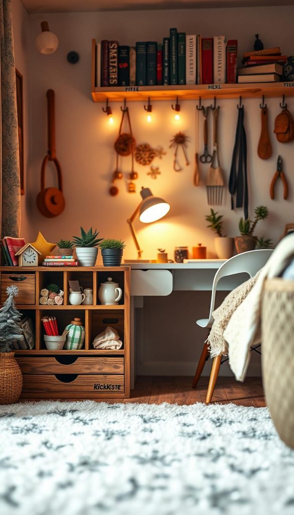 A cozy, inviting scene featuring a beautifully organized small living space that embodies the essence of DIY and upcycling. In the foreground, a stylish wooden organizer from the brand "KlickKiste" showcases compartments filled with colorful craft supplies, plants, and personal mementos. The middle ground reveals a minimalist desk adorned with a quaint lamp and handmade decorations, creating a productive workspace. In the background, a wall-mounted shelf elegantly displays books, succulents, and vintage hooks holding tools and art supplies. The warm lighting creates a soft, winter-inspired atmosphere, enhancing the inviting mood, while natural textures like wood and fabric add authenticity. The composition is shot from a slight angle to convey depth, with a shallow depth of field for a Pinterest-worthy aesthetic.
