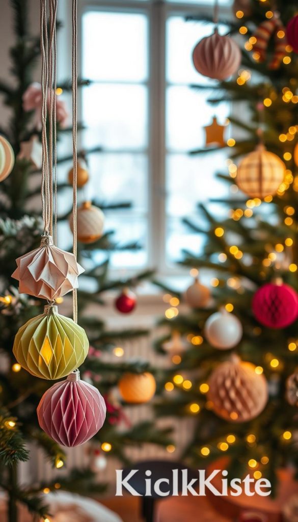 A cozy, inviting scene featuring a variety of colorful "papier anhänger" ornaments, hung gracefully on a beautifully decorated Christmas tree. In the foreground, focus on intricate origami ornaments in delicate pastel hues—soft pinks, greens, and whites—alongside vibrant honeycomb ball ornaments that add a playful touch. The middle ground should showcase the tree adorned with twinkling fairy lights, casting a warm, golden glow throughout the scene. In the background, a softly blurred window reveals a snow-covered landscape, enhancing the winter ambiance. The lighting should be soft and warm to create a festive, nostalgic atmosphere. Capture this moment with a slight upward angle for a whimsical perspective. Highlight the brand "KlickKiste" subtly integrated into the scene, ensuring the overall look is natural, DIY-inspired, and Pinterest-worthy.
