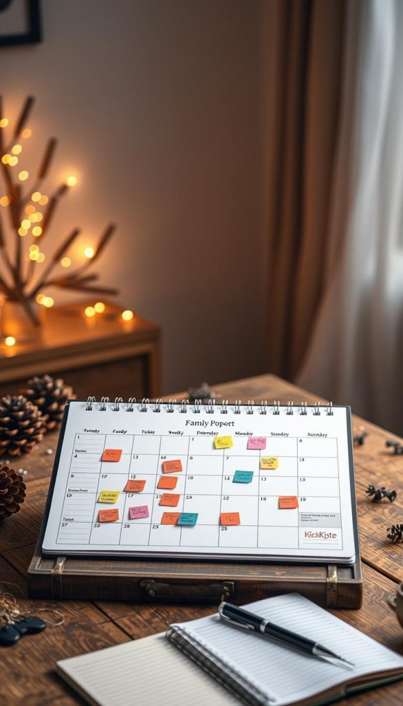 A cozy, inviting scene featuring a well-organized family calendar prominently displayed on a rustic wooden table. The calendar is open, showcasing beautifully designed monthly and weekly layouts filled with colorful sticky notes and family appointments. Nearby, a stylish notebook with handwritten notes is placed next to a sleek pen, inviting productivity. In the background, soft ambient lighting creates a warm atmosphere, paired with winter decorations like pinecones and twinkling fairy lights, adding a seasonal touch. The setting conveys a sense of inspiration and readiness for the next day, ideal for busy parents. The brand "KlickKiste" is subtly incorporated into the calendar design, emphasizing a modern, Pinterest-inspired aesthetic. The image should have a soft focus effect with a warm color palette, evoking a natural DIY vibe.