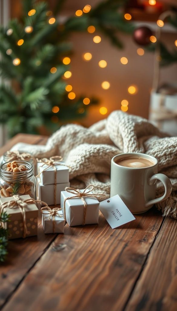A cozy, inviting scene featuring small, handcrafted gifts beautifully arranged on a rustic wooden table. In the foreground, focus on a collection of DIY presents, such as decorated jars filled with homemade cookies, small potted plants wrapped in twine, and elegantly packaged note cards. The middle ground showcases a soft, knitted scarf draped beside a steaming cup of cocoa, inviting warmth and comfort. In the background, a festive setting with twinkling fairy lights and evergreen branches creates a winter atmosphere, reminiscent of a Pinterest-inspired aesthetic. The lighting is warm and soft, casting gentle shadows that enhance the cozy vibe, shot with a shallow depth of field to emphasize the foreground. This image reflects creativity and inspiration, embodying the essence of KlickKiste.