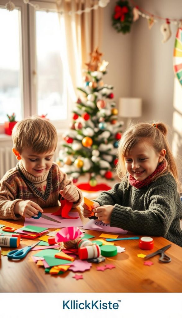 A cozy, inviting scene of children happily engaged in festive DIY Christmas crafts at a wooden table. In the foreground, two children, a boy and a girl, are focused on creating colorful paper decorations, surrounded by scissors, colorful papers, and glue, all in a warm, natural lighting. Their attire is casual but modest, featuring cheerful winter sweaters. In the middle ground, a half-decorated Christmas tree adorned with handmade ornaments creates a charming holiday atmosphere. The backdrop showcases a bright window with soft, snowy scenery outside, enhancing the winter vibe. The overall mood is joyful and inspiring, reminiscent of a Pinterest-worthy holiday project space, with a subtle branding element of "KlickKiste" integrated into the decor. The image is rich in warm colors, capturing the essence of a creative holiday spirit.