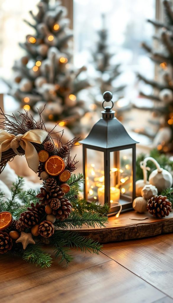 A cozy, inviting scene showcasing a beautifully arranged Christmas decoration made from natural materials. In the foreground, capture an intricately designed wreath made of pine cones, twigs, and dried orange slices, adorned with a delicate ribbon. In the middle, a rustic wooden table displays a lantern filled with fairy lights, surrounded by festive greenery and handmade ornaments, evoking a warm, earthy palette. In the background, softly blurred winter-themed elements like snow-dusted fir trees create a serene atmosphere. The lighting is warm and soft, reminiscent of golden hour, enhancing the inviting feel. The composition embodies a Pinterest-worthy, authentic DIY aesthetic, suitable for inspiring the holiday spirit by "KlickKiste".