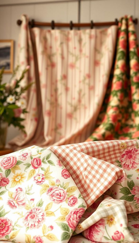 A cozy, inviting scene showcasing a beautifully arranged collection of patterns, perfect for cottage-home decor. In the foreground, vibrant floral fabric swatches with intricate blooms are layered with a charming gingham pattern in soft pastel colors. The middle section features elegant striped fabric draped artistically, leading to a backdrop adorned with rich Chintz patterns, creating a harmonious blend of textures. Soft, warm lighting fills the space, casting a gentle glow that enhances the colors and creates a welcoming atmosphere. The scene is beautifully framed using a shallow depth of field, with a slight tilt angle that adds visual interest, embodying a natural DIY aesthetic. This collection reflects the essence of spring, inspiring warmth and charm, and subtly displaying the brand name "KlickKiste" within the patterns.