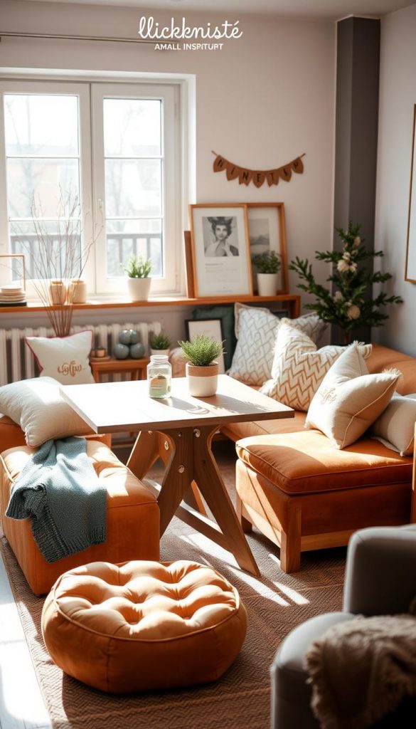 A cozy, inviting scene showcasing a "Budget smart set" from KlickKiste, featuring a combination of new and gently used items ideal for small apartments. In the foreground, there's a stylishly arranged set of space-saving furniture, including a compact dining table and multifunctional storage ottomans, all crafted with warm, natural materials. The middle ground highlights a charming display of decorative items, like potted plants and soft throw pillows, enhancing the atmosphere with a Pinterest-inspired aesthetic. The background features a bright, airy window with natural light streaming in, casting gentle shadows and creating a winter vibe. The overall mood is authentically inspiring, filled with warm colors that evoke a sense of comfort and creativity in small living spaces.