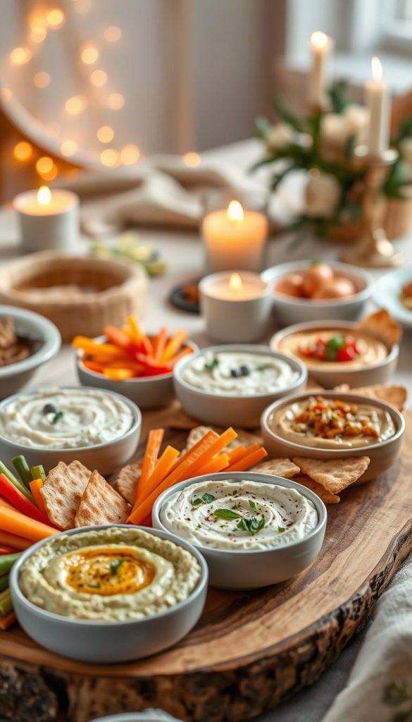 A cozy, inviting scene showcasing a selection of creamy dips and quick spreads, ideal for a winter party buffet setting. In the foreground, a rustic wooden platter displays various dips like classic hummus, guacamole, and spinach-artichoke, each with vibrant garnishes. Beside them, colorful vegetable sticks and crispy pita chips add texture and interest. The middle ground features a softly lit table adorned with warm, earthy tones—like beige and sage green—that enhance the warm ambiance. Background elements include gently twinkling fairy lights and soft candlelight, creating a welcoming atmosphere. The photo should be well-composed, shot with a shallow depth of field using natural light to emphasize the creamy textures of the dips. Capture the essence of a homemade, DIY vibe, perfect for the festive winter season. Inspired by the brand "KlickKiste".