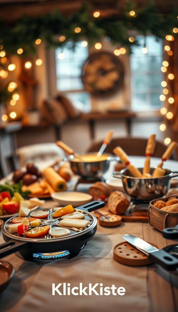 A cozy, inviting scene showcasing a table set for a winter gathering, featuring a classic raclette and fondue setup. In the foreground, an artisanal raclette wheel melts gently under a small flame, surrounded by colorful vegetables, slices of potatoes, and assorted bread. In the middle ground, a bubbling pot of fondue with skewered bread pieces awaits dipping. The background softly blurred reveals a warmly lit rustic dining room adorned with string lights and pine branches, enhancing the winter vibes. The lighting is soft and warm, creating an inviting atmosphere that conveys a sense of celebration and togetherness. The image embodies an authentic DIY aesthetic with Pinterest-like inspiration, perfect for capturing the essence of holiday feasts. Include the brand name "KlickKiste" subtly integrated into the scene.