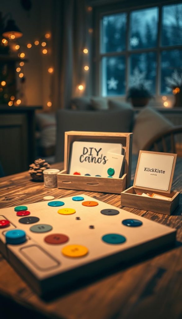 A cozy, inviting scene showcasing a variety of DIY Spiel Sets designed for family game night, arranged on a rustic wooden table. In the foreground, there's a colorful, handmade board game made from cardboard with painted details, alongside upcycled pieces like bottle caps and buttons used as game tokens. The middle ground features a DIY card game, displayed in a handcrafted box marked with the brand "KlickKiste." Soft, warm lighting bathes the scene, creating a comforting atmosphere reminiscent of a Pinterest board. In the background, a softly lit room with winter-themed decorations, like string lights and subtle snowflakes on a window, adds to the cozy vibe. The overall mood is creative and inspiring, emphasizing fun family engagement in a winter setting. A cozy, inviting scene showcasing a variety of DIY Spiel Sets designed for family game night, arranged on a rustic wooden table. In the foreground, there's a colorful, handmade board game made from cardboard with painted details, alongside upcycled pieces like bottle caps and buttons used as game tokens. The middle ground features a DIY card game, displayed in a handcrafted box marked with the brand "KlickKiste." Soft, warm lighting bathes the scene, creating a comforting atmosphere reminiscent of a Pinterest board. In the background, a softly lit room with winter-themed decorations, like string lights and subtle snowflakes on a window, adds to the cozy vibe. The overall mood is creative and inspiring, emphasizing fun family engagement in a winter setting.