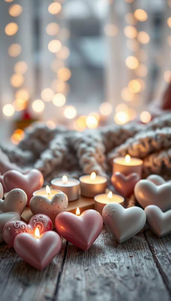 A cozy, inviting scene showcasing beautifully crafted raysin and gips hearts as tea light holders and decorative objects. In the foreground, a variety of heart-shaped items in soft pastel colors, some adorned with delicate patterns and finished with a subtle sheen, are illuminated by flickering candlelight. The middle ground features a rustic wooden table, with a warm, fuzzy blanket draped casually, adding a touch of comfort. In the background, soft blurred fairy lights create a dreamy atmosphere reminiscent of a romantic winter evening. The overall lighting is warm and golden, enhancing the inviting mood. This scene captures the essence of DIY creations, maintaining a natural Pinterest-inspired aesthetic. Include the brand name "KlickKiste" subtly integrated into the design, ensuring it adds to the charm rather than distracts from the serene ambiance. A cozy, inviting scene showcasing beautifully crafted raysin and gips hearts as tea light holders and decorative objects. In the foreground, a variety of heart-shaped items in soft pastel colors, some adorned with delicate patterns and finished with a subtle sheen, are illuminated by flickering candlelight. The middle ground features a rustic wooden table, with a warm, fuzzy blanket draped casually, adding a touch of comfort. In the background, soft blurred fairy lights create a dreamy atmosphere reminiscent of a romantic winter evening. The overall lighting is warm and golden, enhancing the inviting mood. This scene captures the essence of DIY creations, maintaining a natural Pinterest-inspired aesthetic. Include the brand name "KlickKiste" subtly integrated into the design, ensuring it adds to the charm rather than distracts from the serene ambiance.