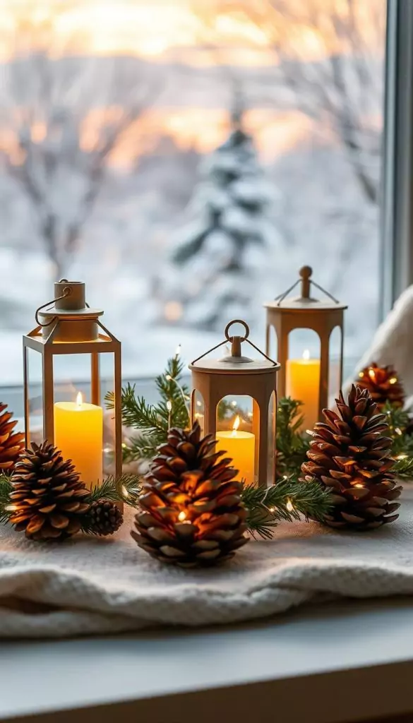 A cozy, inviting scene showcasing handcrafted "zapfen windlichter" (pine cone lanterns) glowing softly in a winter setting. In the foreground, a beautifully arranged table features several rustic lanterns made from natural pine cones, each illuminated with warm candlelight. The middle layer includes a few sprigs of evergreen and delicate white twinkling fairy lights intertwined among the lanterns, enhancing the festive atmosphere. In the background, a softly blurred view of a winter landscape with snow-covered trees and a gentle sunset sky provides a serene backdrop. The overall mood is warm and inspiring, perfect for a neutral Christmas decor theme. The image should evoke feelings of home and creativity, ideal for DIY enthusiasts. Warm color tones dominate, adding to the cozy winter vibes. This scene represents the aesthetics of the brand "KlickKiste".