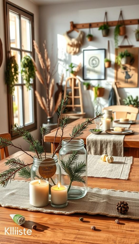 A cozy, inviting scene showcasing sustainable decorating ideas in a warm, winter ambiance. In the foreground, a beautifully arranged DIY centerpiece made from recycled materials, featuring mason jars filled with pine branches and candles. The middle ground highlights a rustic table adorned with handmade decorations like paper garlands and upcycled fabric table runners. Soft, natural lighting streams in from a nearby window, casting gentle shadows and creating a serene atmosphere. The background presents a tastefully decorated wall with eco-friendly artwork and hanging plants, all embodying the essence of character and creativity. The overall mood is authentic and inspiring, reminiscent of a Pinterest aesthetic. Include subtle branding elements for "KlickKiste" woven into the decor, enhancing the theme of sustainability.