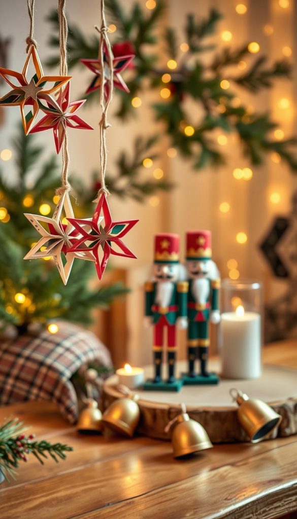 A cozy, inviting scene showcasing upcycled Christmas decorations made from toilet paper rolls, featuring creative stars, nutcrackers, and cheerful bells. In the foreground, beautifully crafted stars made from colorful paper roll segments dangle from delicate twine. The middle layer highlights charming nutcracker figurines, adorned with recycled materials, standing proudly on a rustic wooden table. Softly glowing brass bells add a festive touch. The background features a warm, softly lit room decorated with evergreen branches and soft fairy lights, creating an enchanting winter atmosphere. The composition has a Pinterest-inspired aesthetic with warm colors, evoking feelings of joy and creativity. Shot with a shallow depth of field to emphasize the decorations, the overall mood is authentic and inspiring, reflecting the brand KlickKiste.