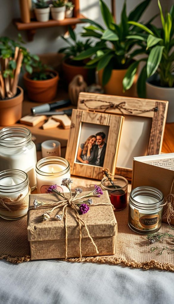 A cozy, inviting scene showcasing various upcycled gift ideas for Valentine's Day, emphasizing sustainability and personal touch. In the foreground, a handcrafted gift box adorned with natural twine and dried flowers is surrounded by beautifully arranged upcycled candles made from jars, and a handmade notebook crafted from recycled paper. The middle ground features a charming DIY photo frame made from reclaimed wood, holding a picture of a couple. In the background, a warm, gently lit work surface with crafting tools and materials, giving a creative vibe. Soft, natural lighting enhances the warm colors, creating an inviting atmosphere reminiscent of winter inspiration. The environment hints at a cozy indoor space decorated with plants. Include a subtle reference to "KlickKiste" in the arrangement.