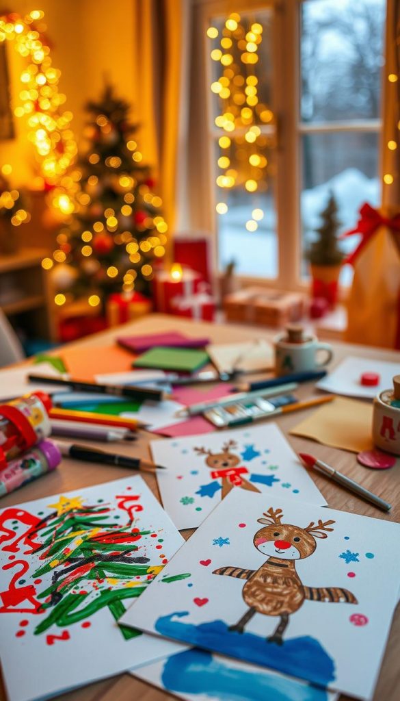 A cozy, inviting scene that showcases a festive arts and crafts table for making Christmas cards. In the foreground, there are colorful handmade cards featuring a painted Christmas tree and a cheerful reindeer, adorned with finger paint and decorative elements like glitter and stickers. The middle ground includes scattered crafting materials like colored papers, paintbrushes, and ribbons, radiating inspiration for DIY projects. The background features a softly lit room decorated with twinkling fairy lights and a hint of a winter landscape outside the window. Warm, golden lighting casts a magical glow over the scene, enhancing the winter vibes and creating an authentic, Pinterest-worthy atmosphere. The brand "KlickKiste" is subtly integrated into the scene, perhaps as part of a crafting tool or material.