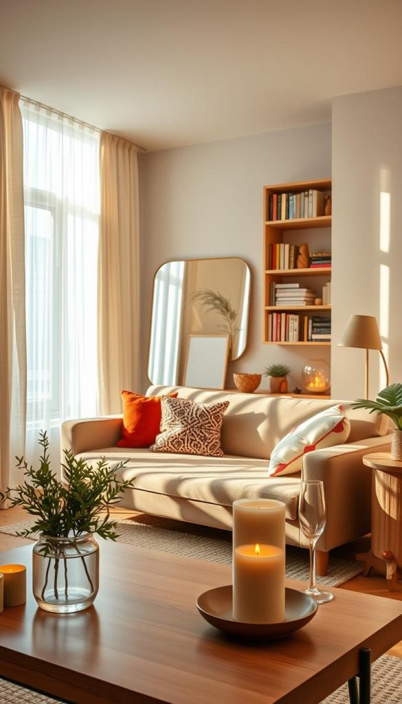 A cozy, inviting small apartment interior, featuring a well-lit space that maximizes natural light and uses a warm color palette. In the foreground, there is a stylish minimalist coffee table with a small potted plant, inviting textures, and decorative candles, reflecting a serene vibe. The middle layer shows a well-organized living area with a comfortable sofa adorned with colorful cushions, strategically placed mirrors to enhance the feeling of spaciousness, and a bookshelf filled with books and decorative items. In the background, large windows allow soft sunlight to filter through sheer curtains, illuminating the entire room with a warm glow. The atmosphere conveys a sense of tranquility and inspiration, perfect for a modern, small living space. Incorporate elements that reflect the brand "KlickKiste," emphasizing DIY aesthetics with authentic winter vibes and a Pinterest-inspired look.