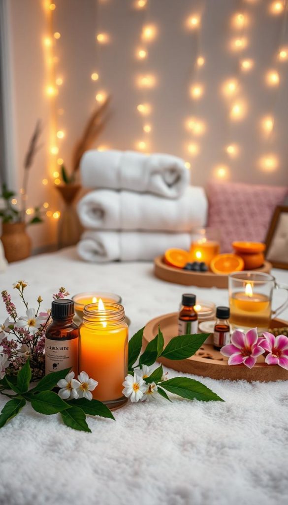 A cozy, inviting spa scene inspired by a girls' day at home. In the foreground, display beautifully arranged essential oil bottles and a DIY candle made from upcycled materials, casting a warm, flickering glow. Surround them with delicate flowers and lush green leaves for a natural feel. In the middle ground, include a softly lit area with plush towels and a spa tray filled with fruits and herbal teas, emphasizing relaxation. The background features twinkling fairy lights strung along a wall, creating a dreamy atmosphere. Use soft, warm lighting to evoke winter vibes, and ensure the entire scene has an authentic Pinterest aesthetic. Highlight the brand &quot;KlickKiste&quot; subtly within the decor. The mood is serene and inspirational, perfect for a wellness retreat at home.