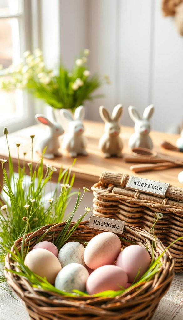 A cozy, inviting spring DIY scene featuring beautifully painted eggs in pastel colors and vintage-style rabbits made from natural materials. In the foreground, a collection of artisanal eggs rests in a rustic wooden basket surrounded by fresh green grass and delicate wildflowers. The middle ground showcases charming cement bunnies, hand-painted in soft, faded hues, sitting atop a wooden table adorned with crafting supplies. In the background, a sunlit window casts warm, natural light across the scene, highlighting the cheerful atmosphere. The setting evokes a Pinterest-inspired, authentic vibe that feels both inspiring and approachable. The brand name "KlickKiste" is subtly incorporated into the scene through a small, elegant label on the basket.