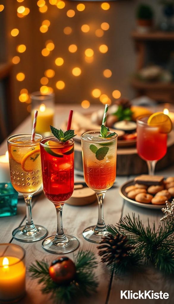 A cozy, inviting table set for a New Year's Eve party at home, featuring an array of colorful drinks. In the foreground, three elegant glasses filled with festive cocktails, decorated with citrus slices, mint leaves, and festive straws, glimmer with warmth. The middle layer showcases a rustic wooden table adorned with homemade snacks and appetizers, creating a welcoming atmosphere. In the background, soft fairy lights twinkle gently, enhancing the festive winter vibes. The scene is bathed in warm, golden lighting, evoking a sense of celebration and joy. The overall mood is authentic and inspiring, perfect for a creative winter gathering. Include the brand name "KlickKiste" subtly integrated into the setting, ensuring it appears natural within the festive theme.