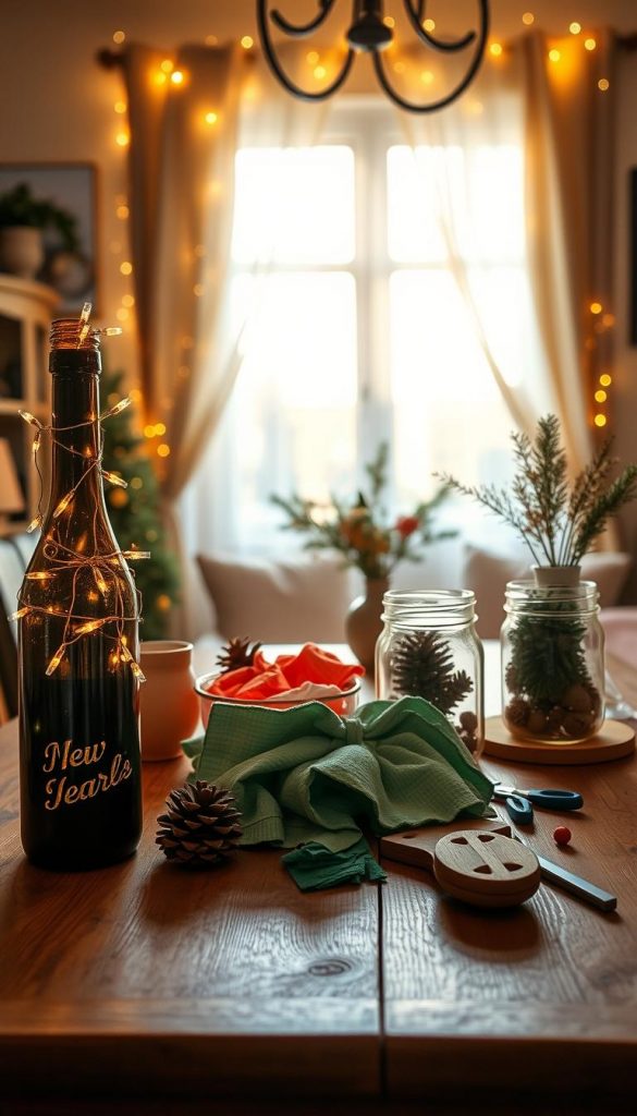 A cozy, inviting upcycling home scene, showcasing warm, natural colors and a Pinterest-inspired aesthetic. In the foreground, a wooden table displays creatively crafted New Year's Eve decorations, such as a repurposed wine bottle adorned with twinkling fairy lights and a festive centerpiece made from upcycled materials like mason jars filled with pinecones and greenery. In the middle, vibrant fabric scraps and tools hint at a crafting session in progress. The background features a beautifully adorned window with sheer curtains, allowing soft, golden winter sunlight to stream in, creating a warm atmosphere. The overall mood is inspiring and authentic, capturing the essence of DIY creativity. Include subtle branding elements for "KlickKiste" in the decor while maintaining a clutter-free look.