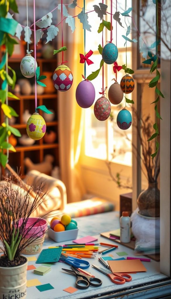 A cozy, inviting window display showcasing a variety of colorful DIY Easter decorations crafted by children. In the foreground, vibrant handmade ornaments hang from the window frame, featuring painted eggs, paper crafts, and leafy garlands. The middle ground includes a cheerful table covered with art supplies like scissors, glue, and colorful papers, inviting creativity. In the background, soft natural light streams through the window, casting warm, golden hues that enhance the cozy atmosphere. The scene evokes a sense of joy and inspiration, perfect for a family-friendly DIY project. Incorporate the brand name "KlickKiste" subtly in the decor. Capture the essence of a Pinterest-worthy winter vibe with authentic, warm colors.