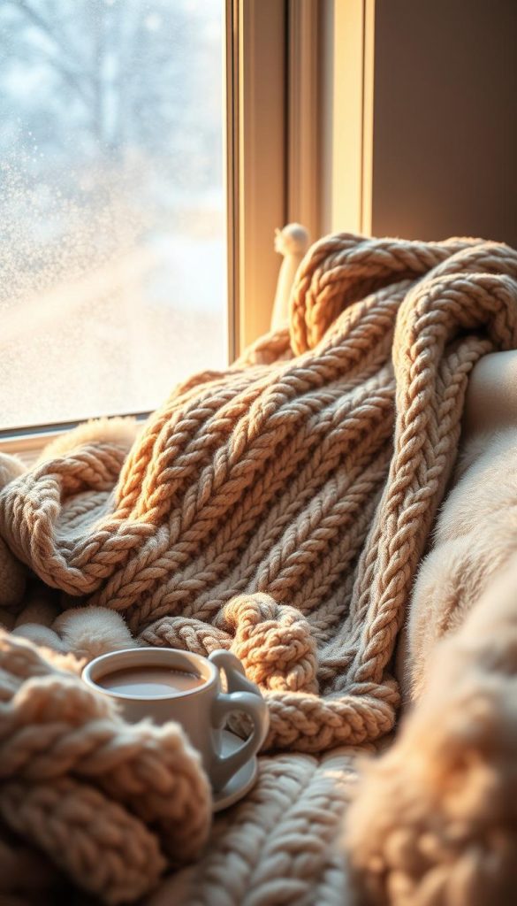 A cozy, inviting winter scene featuring a plush, oversized knit blanket draped over a soft, down-filled cushion. The textured fabrics create a tactile, snug atmosphere, illuminated by warm, golden light filtering through a frosty window. Fluffy pillows and a mug of hot cocoa complete the comforting, hygge-inspired vignette, radiating a sense of peaceful, effortless contentment. Photographed in a natural, unposed style with a shallow depth of field to emphasize the intimate, homely mood.