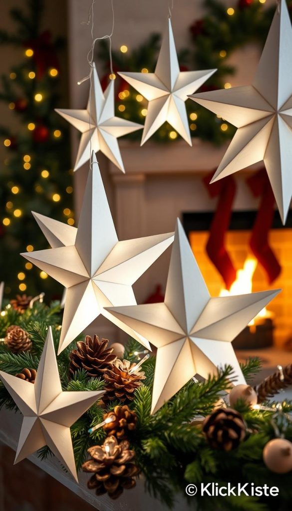 A cozy, inviting winter scene featuring elegant white paper stars illuminated by warm white fairy lights, creating a soft, enchanting glow. In the foreground, a beautifully styled mantel decorated with natural elements like pine cones, small evergreen branches, and rustic wooden accents. The middle ground showcases the twinkling string lights draped among the stars, softly casting light and shadows. In the background, a softly lit fireplace adds a warm ambiance, surrounded by holiday decor in shades of deep red and lush green, enhancing the festive atmosphere. The composition is captured from a slightly elevated angle, allowing for a full view of the decorative elements. The overall mood is warm, inspired, and authentically DIY, with a Pinterest aesthetic. This cozy setting is designed for the brand "KlickKiste".